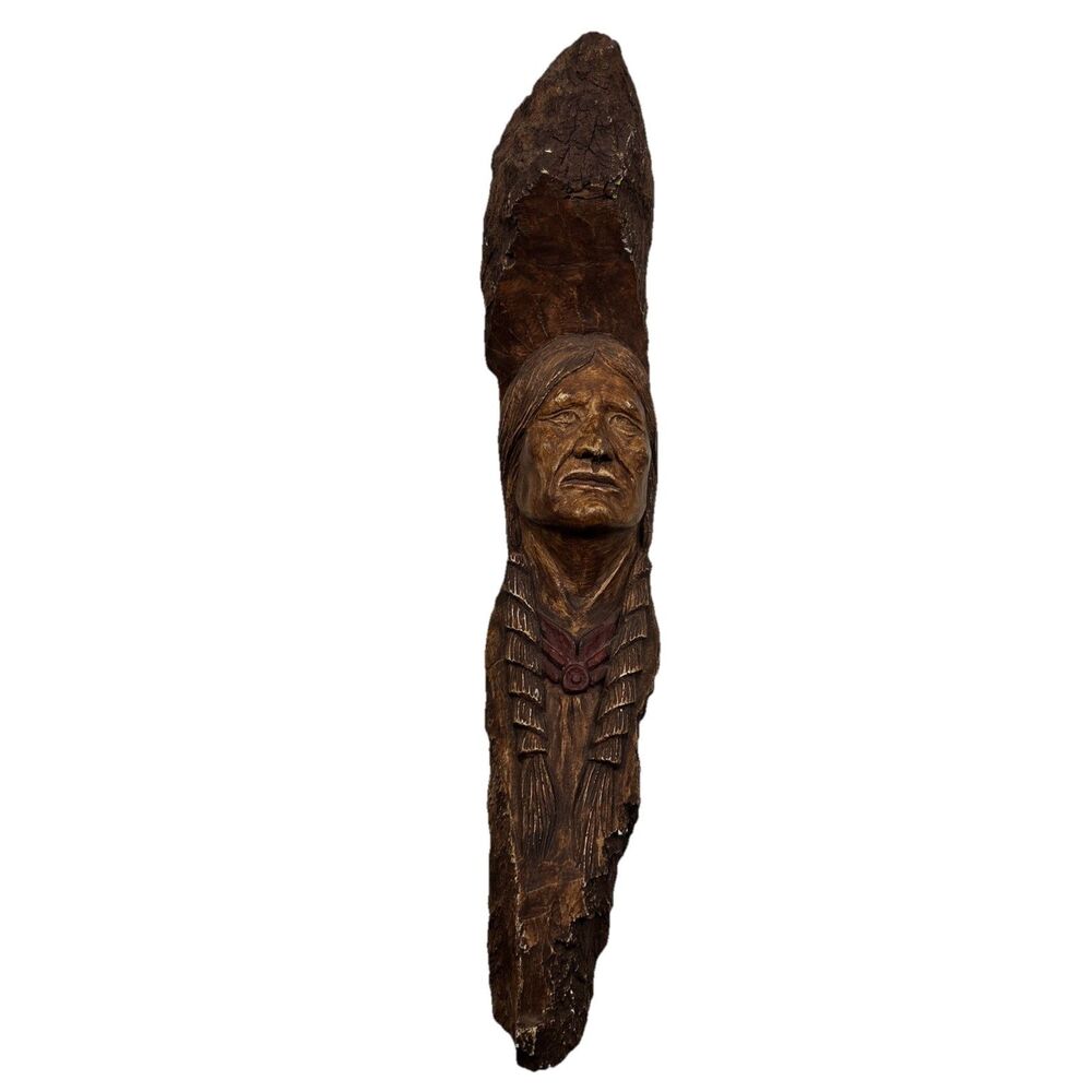 Vintage INDIAN CHIEF Wooden Sculpture / Wall Art Native American Made STAMPED
